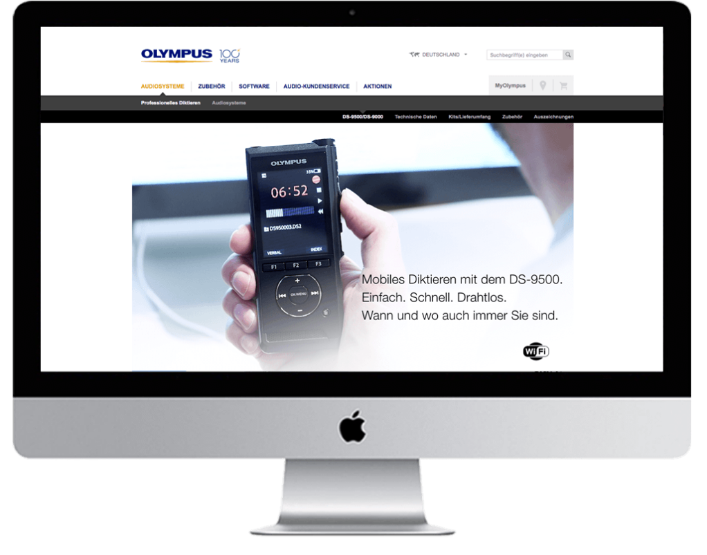 Olympus Website mit Audiorekorder DS-9500 auf Bildschirm