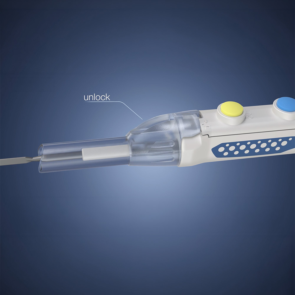 3D-Rendering eines Olympus Instruments mit markierter Unlock-Funktion im Produktfilm